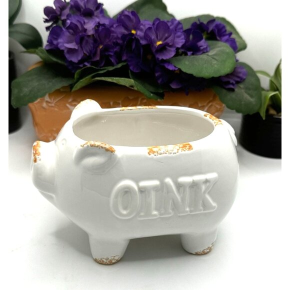Vintage Ceramic Pig Planter With OINK Text - White & Distressed Orange - Picture 1 of 12